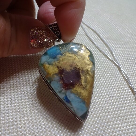 Gorgeous OYSTER TURQUOISE Handmade Sterling 925 Pendant/Chain #81C - Picture 3 of 3